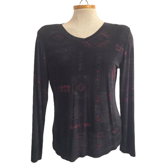 Chico's Tops - Chico's Travelers Geometric Black Red Sz 0 Long Sleeve Top Shirt Stretchy Travel